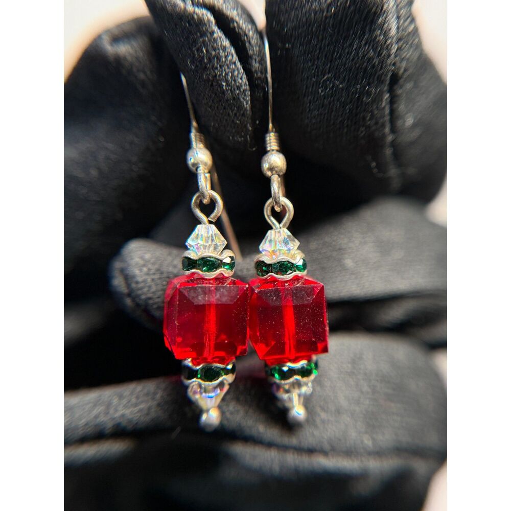 Sterling Silver Christmas Crystal Earrings Red Green 1.5"